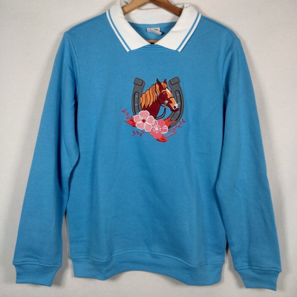 Adrian Delafield Horse Sweatshirt Women M Collared Horseshoe Equestrian Blue - Picture 2 of 11